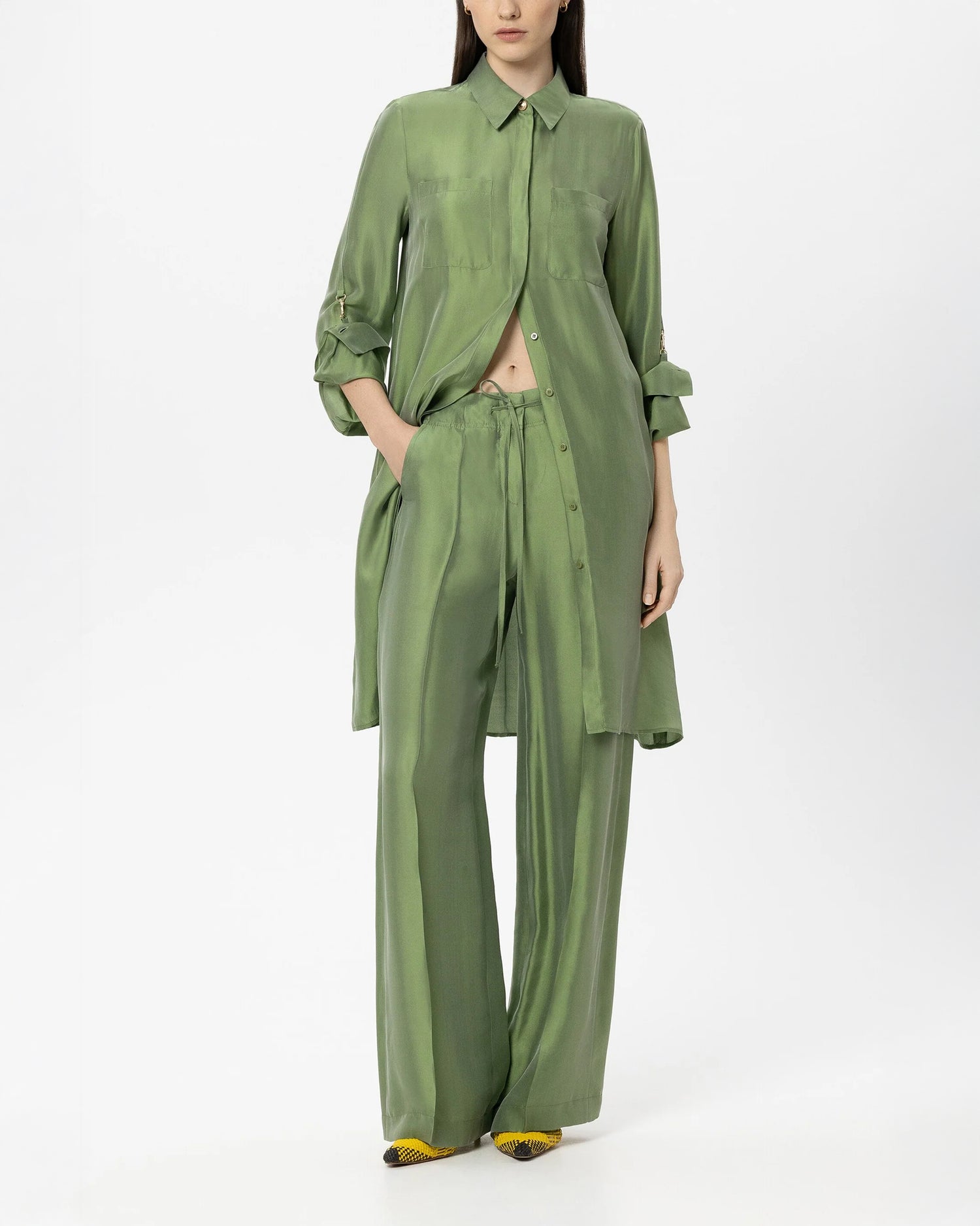 Shirt Dress Silk Blend - Moss Green