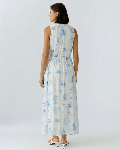 Sleeveless Printed Dress - Blue White