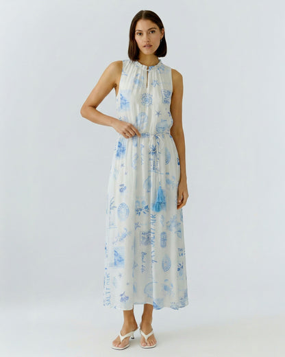 Sleeveless Printed Dress - Blue White