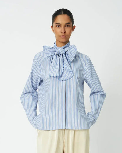 Striped Scallop Bow Shirt - White With Blue Stripes