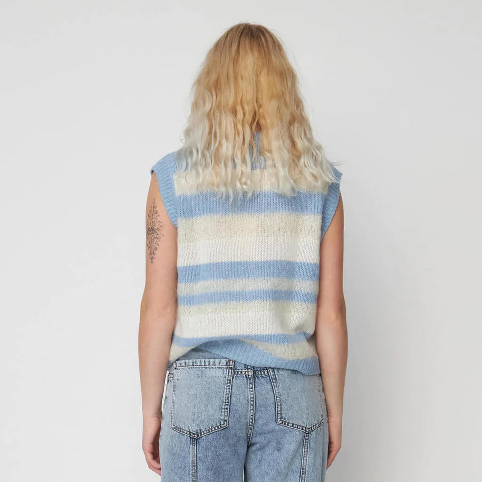 Striped Mohair Cardigan-Vest - Creme Blue Stripes