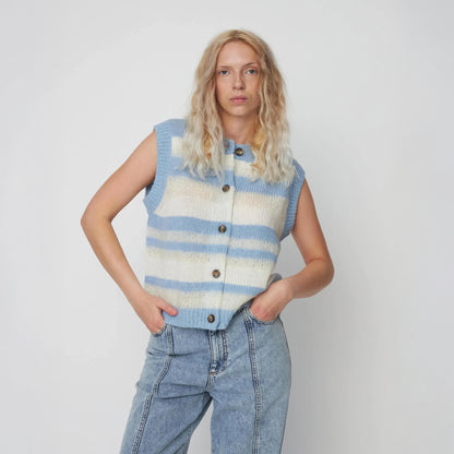 Striped Mohair Cardigan-Vest - Creme Blue Stripes