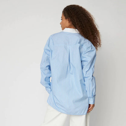 Striped Shirt With Scallops - Creme Blue Stripes