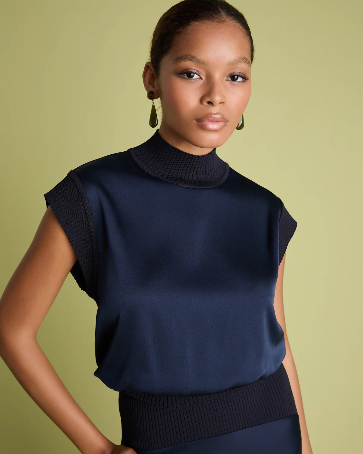 Knit And Satin Top - Navy