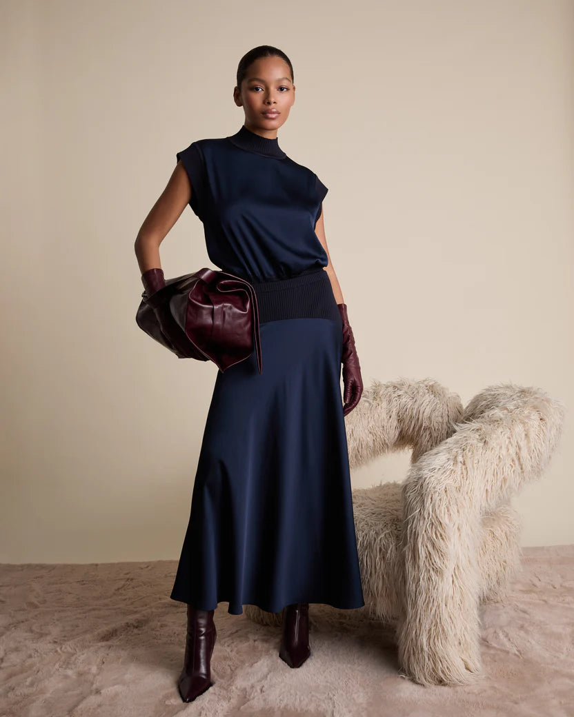 Knit And Satin Skirt - Navy