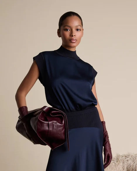 Knit And Satin Top - Navy