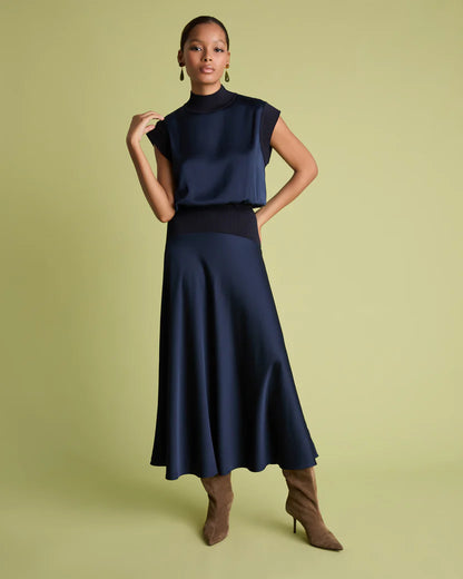 Knit And Satin Top - Navy