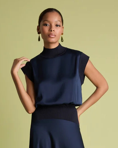 Knit And Satin Top - Navy