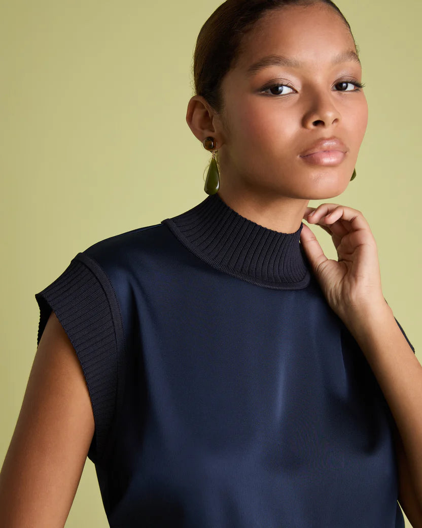 Knit And Satin Top - Navy
