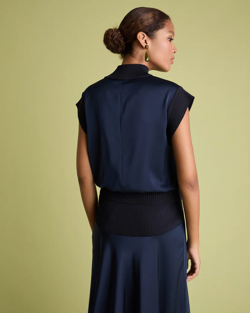Knit And Satin Top - Navy