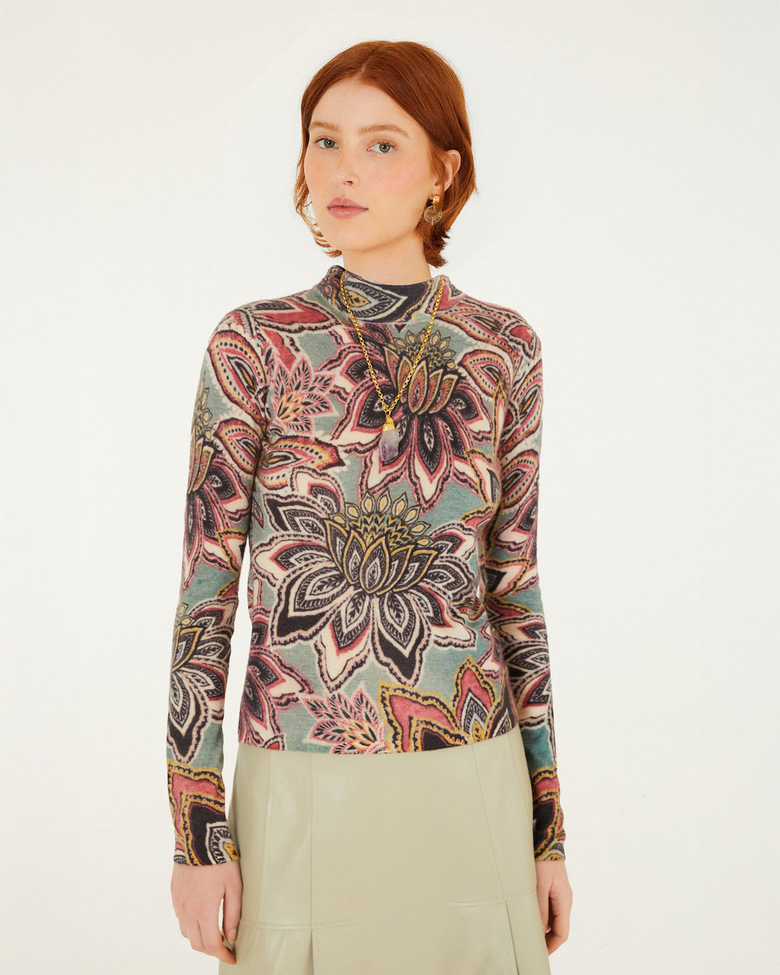 Tapestry Flower Knit Layer Top - Dark Green