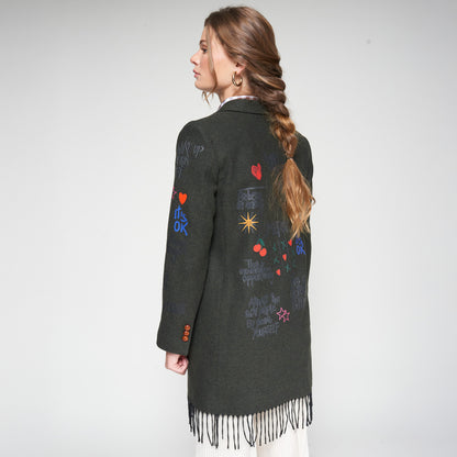 Tassel Emb Long Blazer - Loden Green