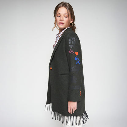 Tassel Emb Long Blazer - Loden Green