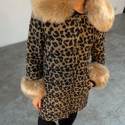 Leopard Coat With Fur Trims - Brown