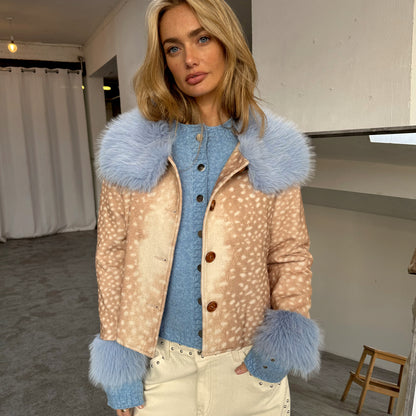 Deer Print Jacket With Blue Fur Trims - Beige