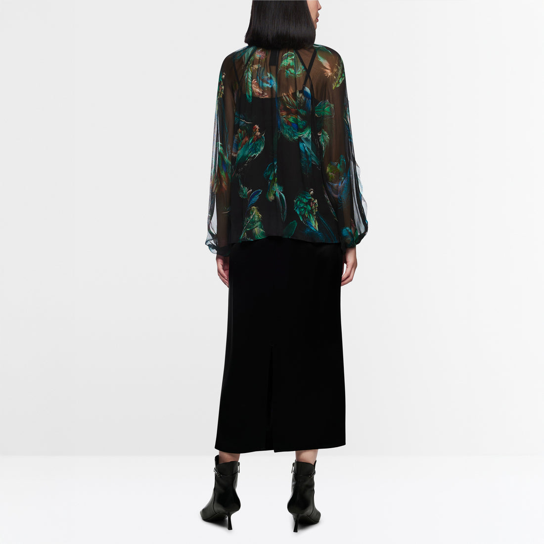 Tie Neck Feather Print Blouse - Dark Jade Green