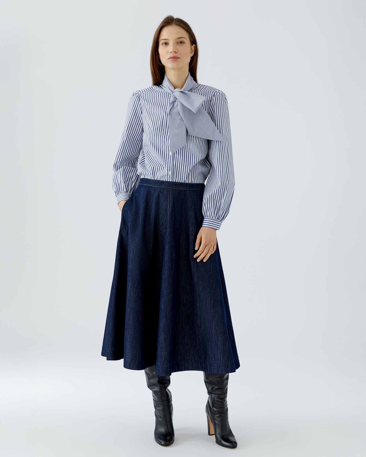 Tie Neck Stripe Shirt - Blue White
