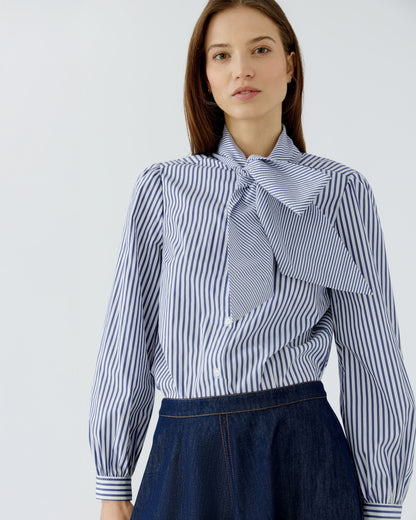Tie Neck Stripe Shirt - Blue White