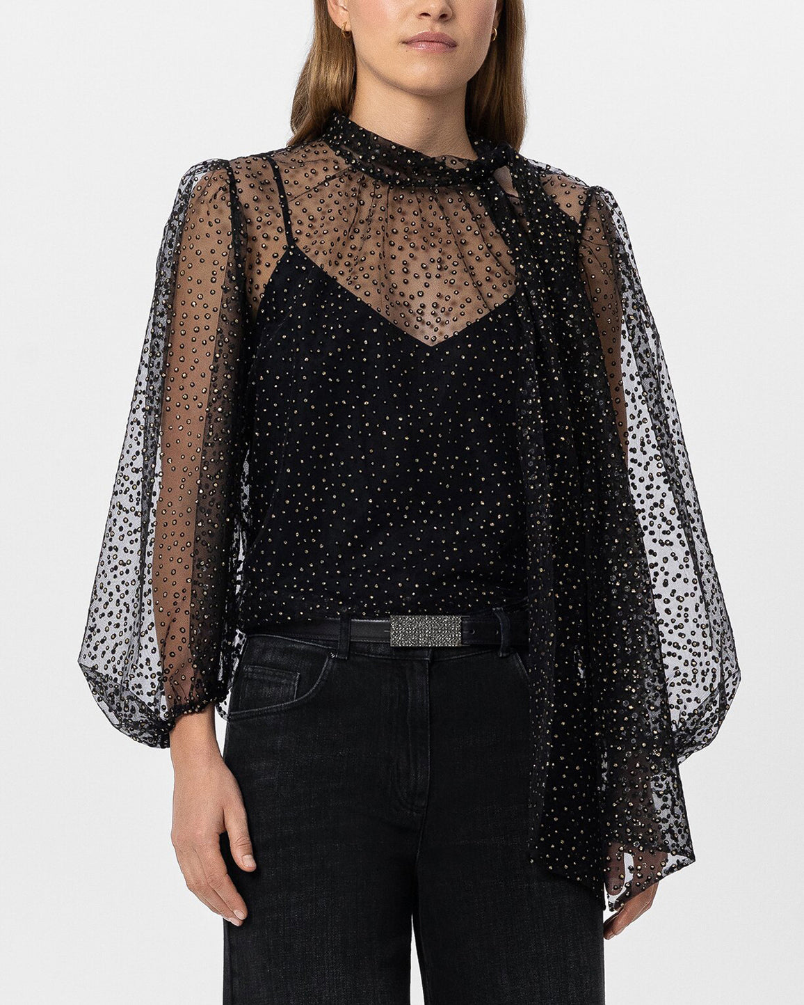 Tulle Blouse With Lurex Dots - Deep Black