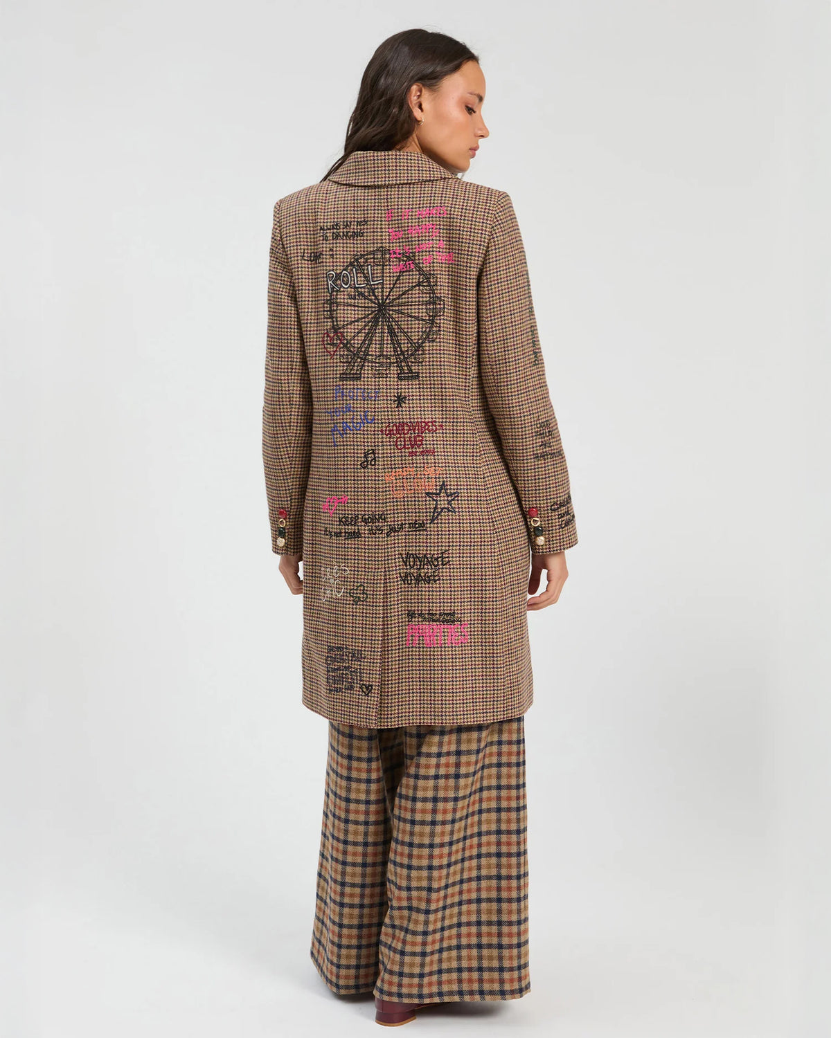 Tweed Mid Graphic Embroidered Coat - Brown Check