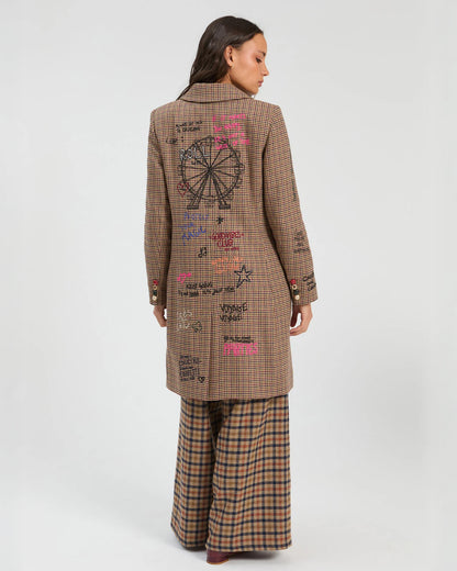 Tweed Mid Graphic Embroidered Coat - Brown Check
