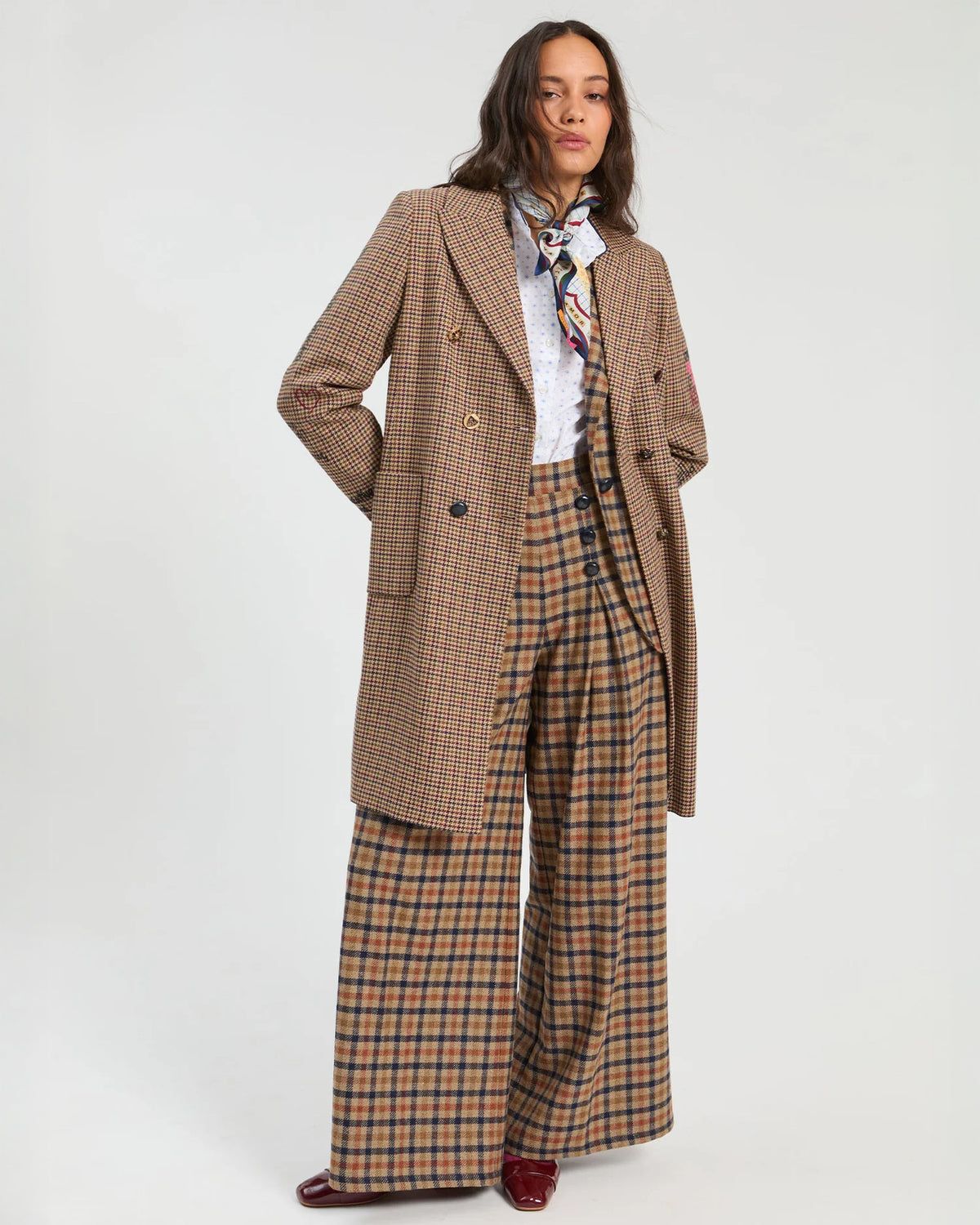 Tweed Mid Graphic Embroidered Coat - Brown Check