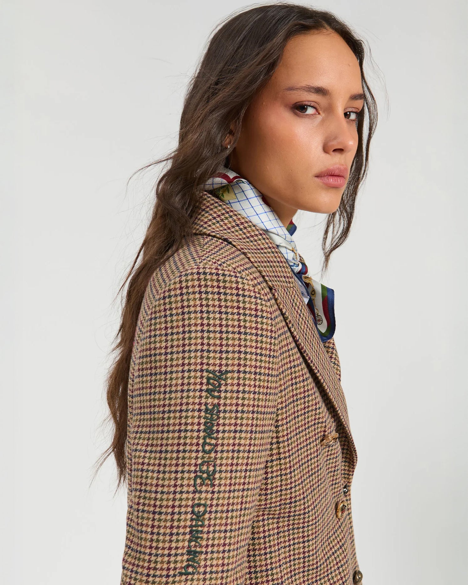Tweed Mid Graphic Embroidered Coat - Brown Check