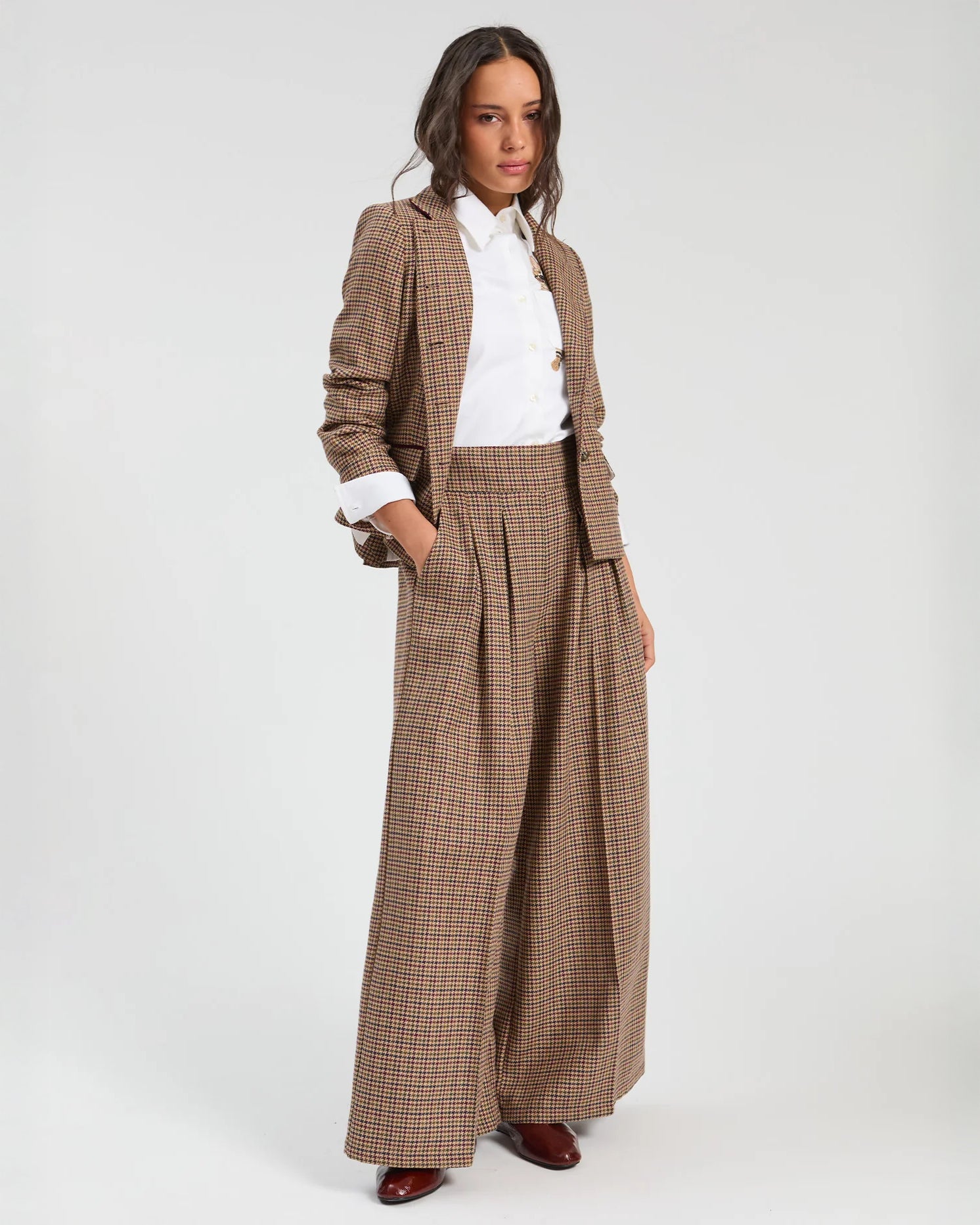 Tweed Wide Leg Trouser - Brown