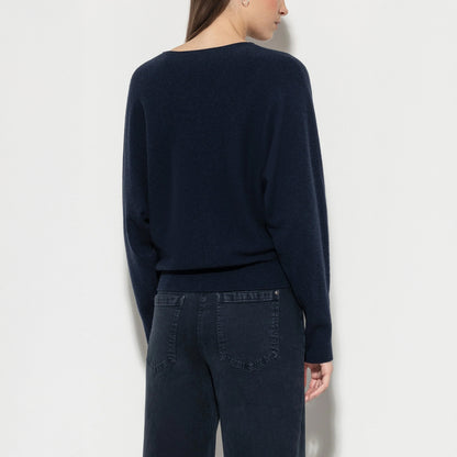 V Neck Cashmere Blend Knit - Midnight Blue