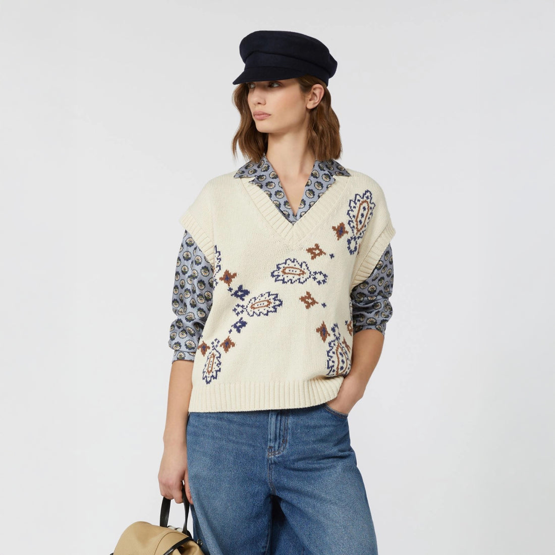 Crusca Knitted Intarsia Vest - Ivory