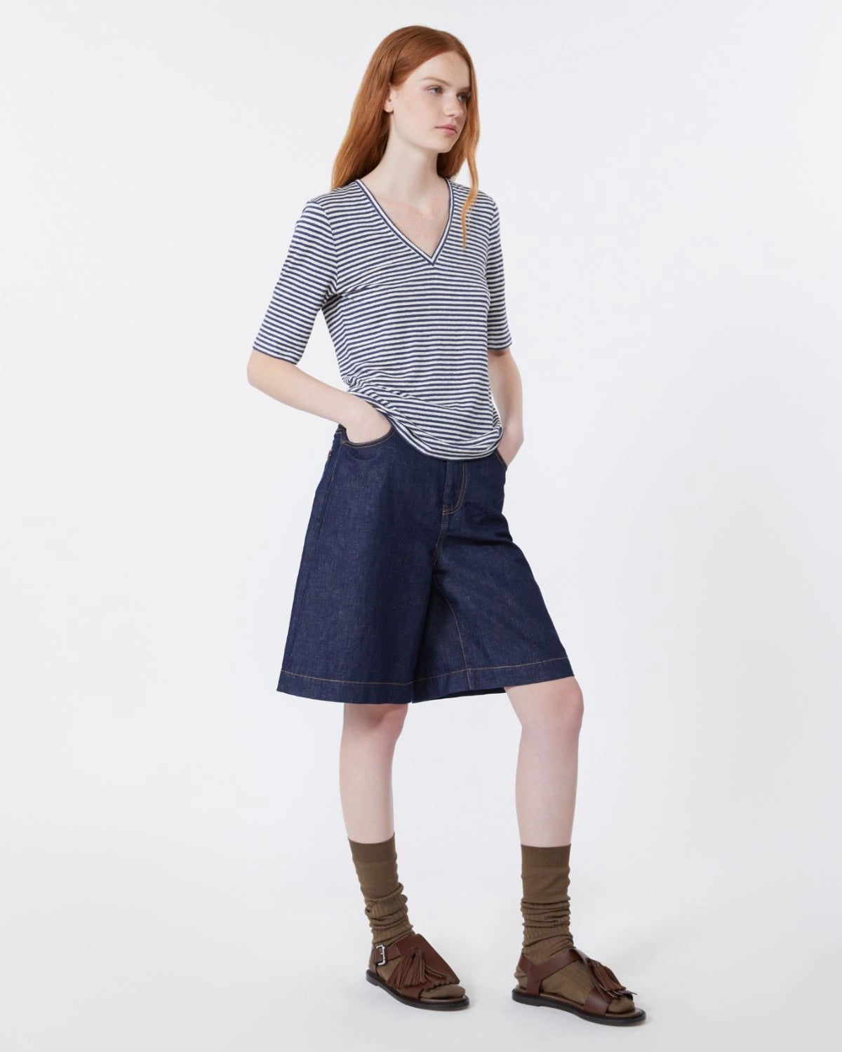 Opzione Stripe V Neck Tee - Navy