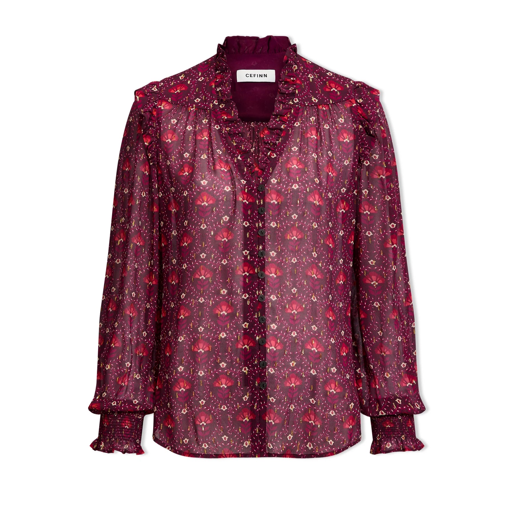 Stella V-Neck Long Sleeve Blouse - Rust/Burgundy Carnation Print