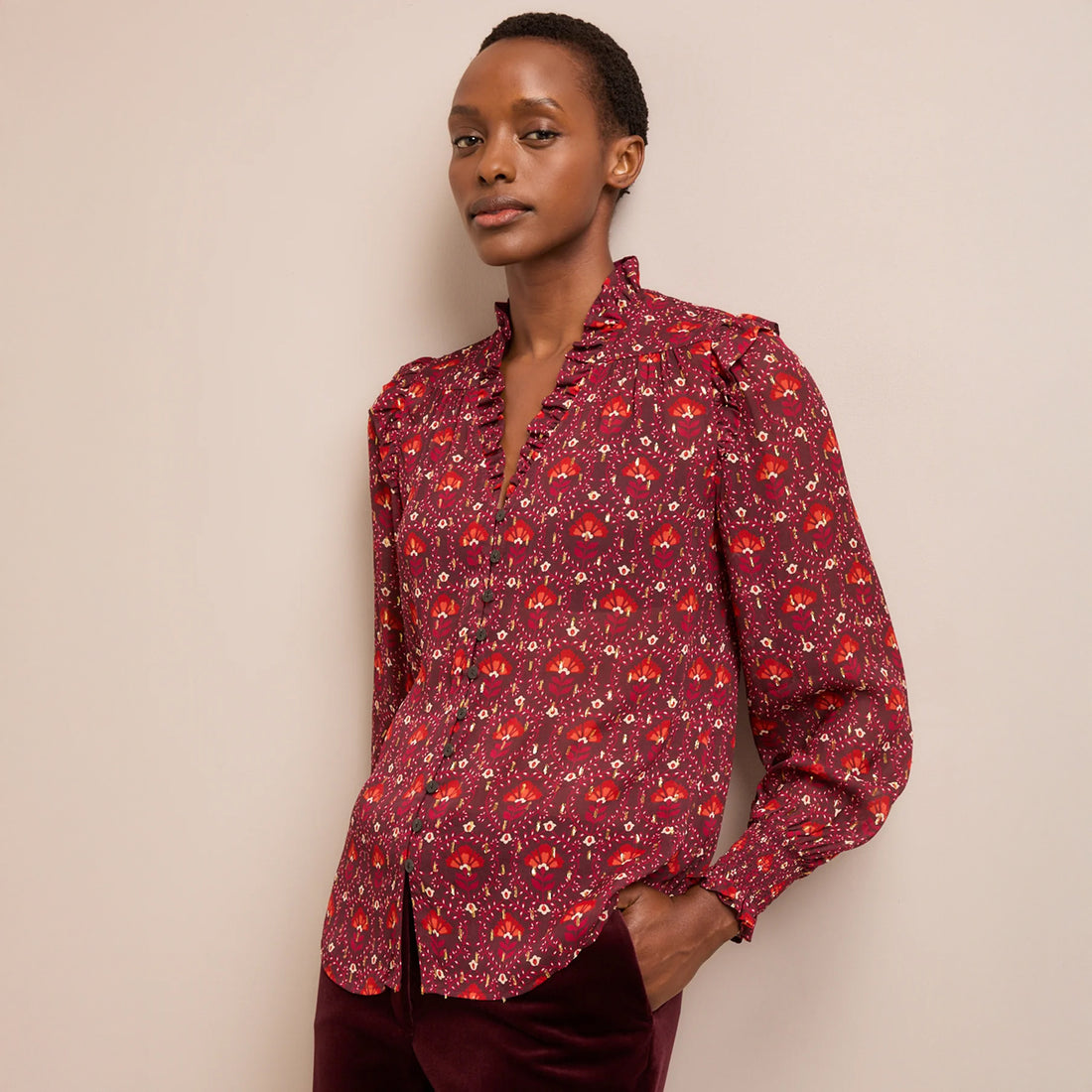 Stella V-Neck Long Sleeve Blouse - Rust/Burgundy Carnation Print