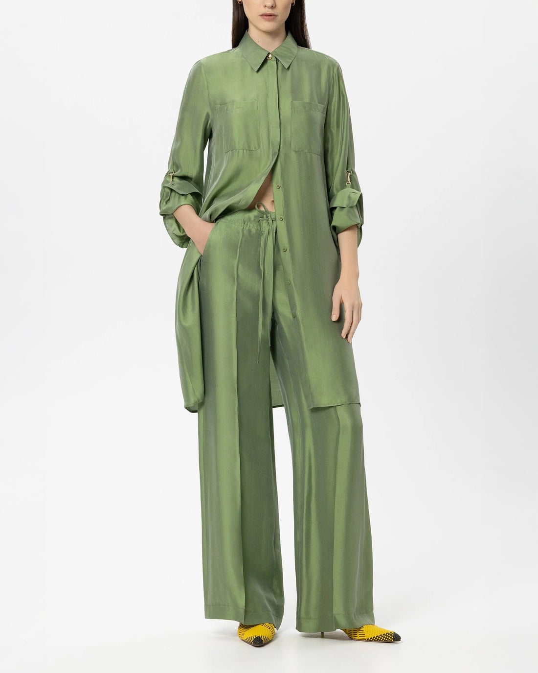 Wide Leg Silk Trouser - Moss Green