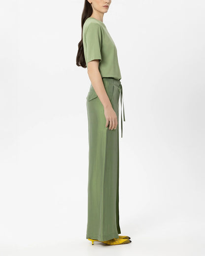 Wide Leg Silk Trouser - Moss Green