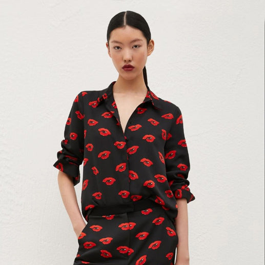 Yeah Lip Print Shirt - Black Red