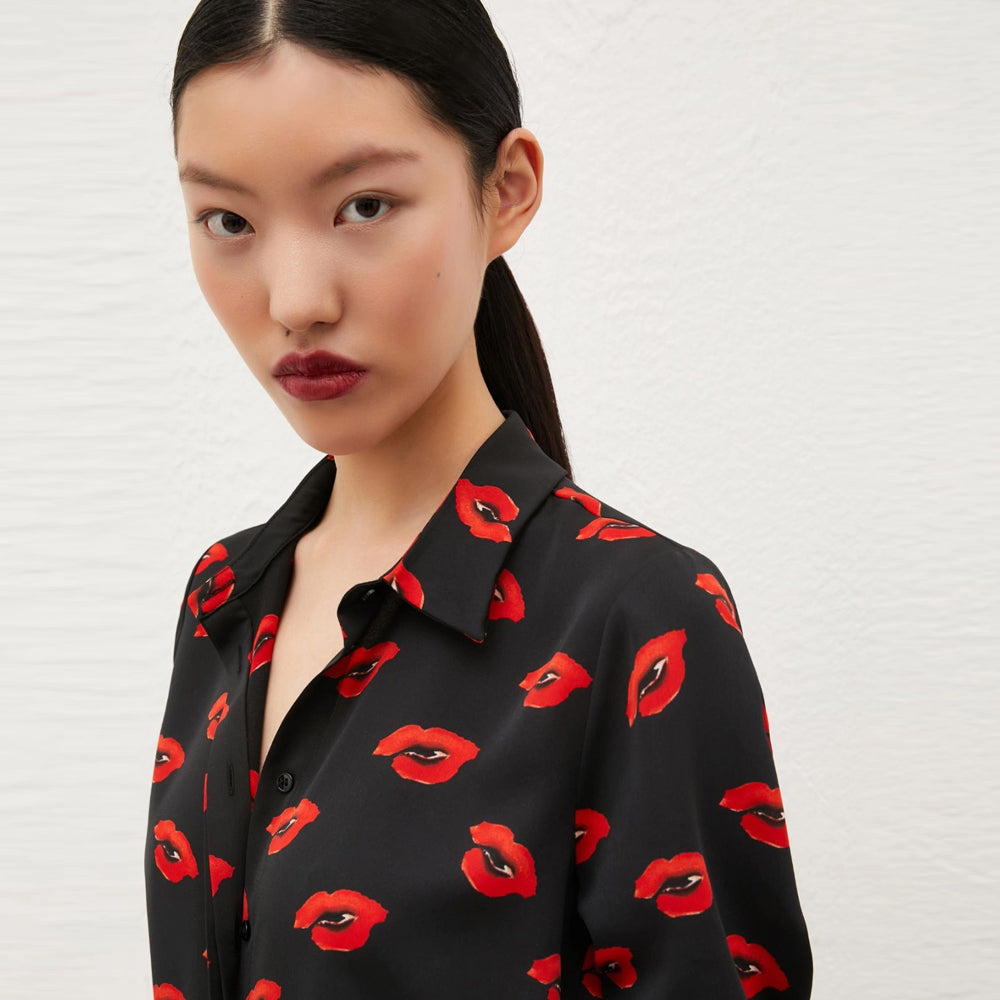 Yeah Lip Print Shirt - Black Red