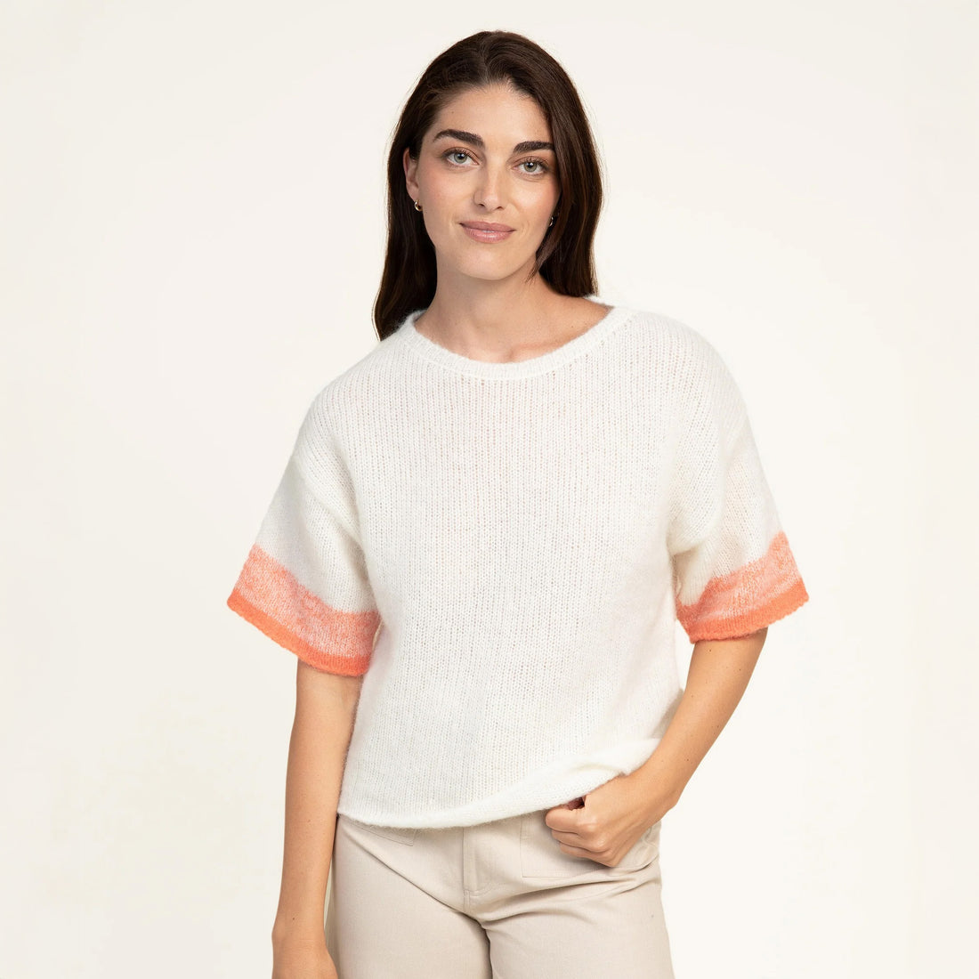 Branko Short Sleeve Contrast Sleeve Jumper - Corail