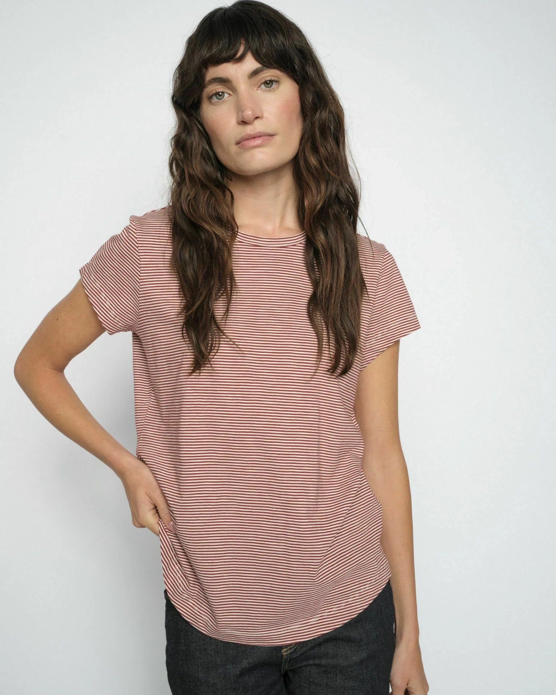 Campa O-Neck Short Sleeve Stripe Tee - Cowhide