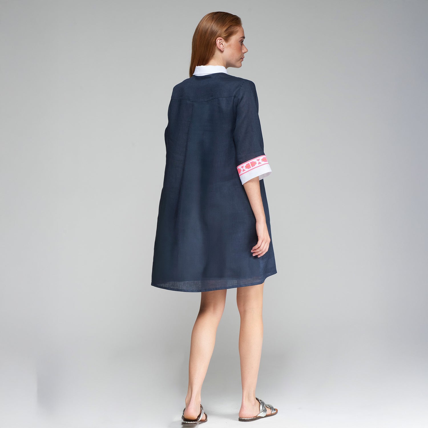 Miranda Linen Embroidered Sleeve Dress - Navy