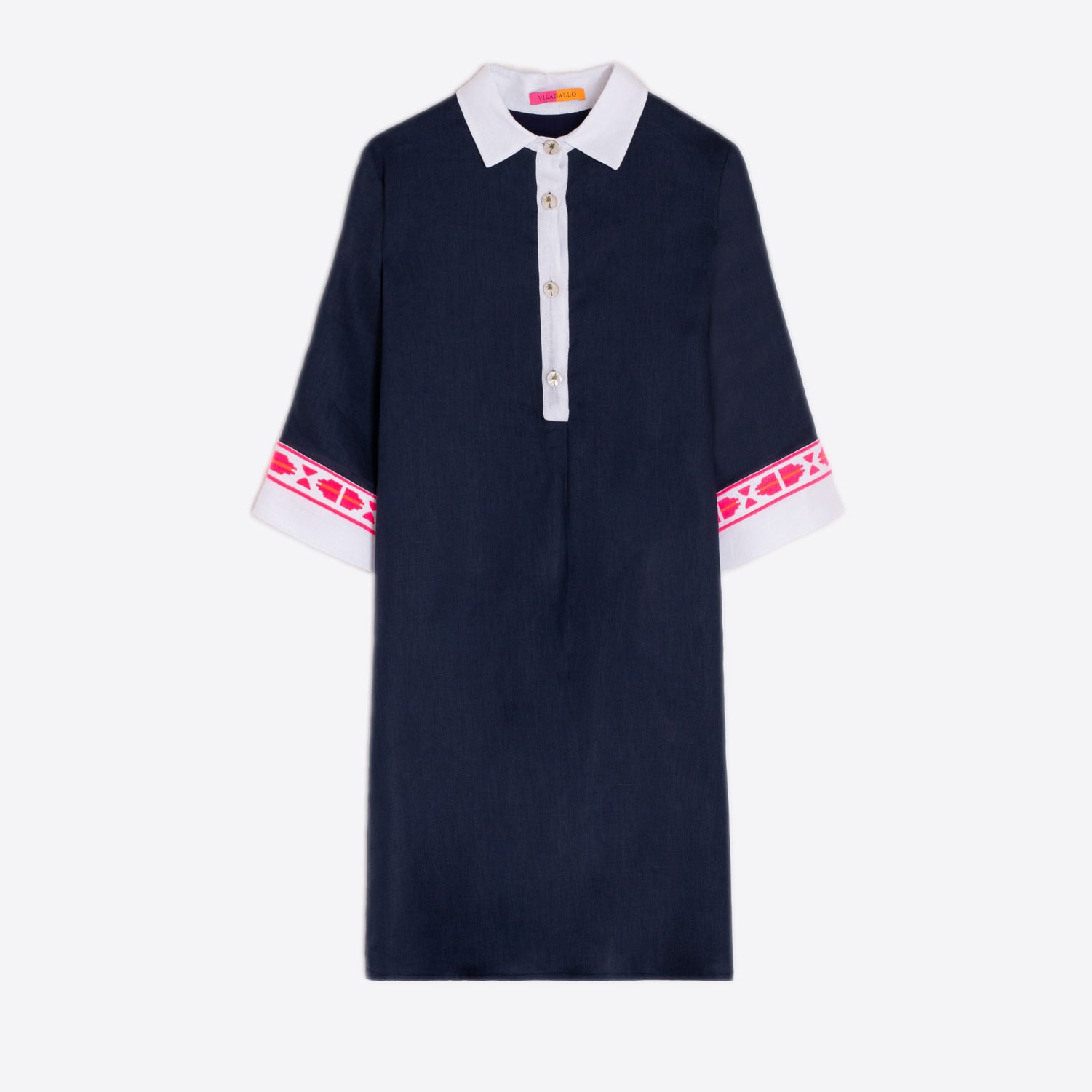 Miranda Linen Embroidered Sleeve Dress - Navy