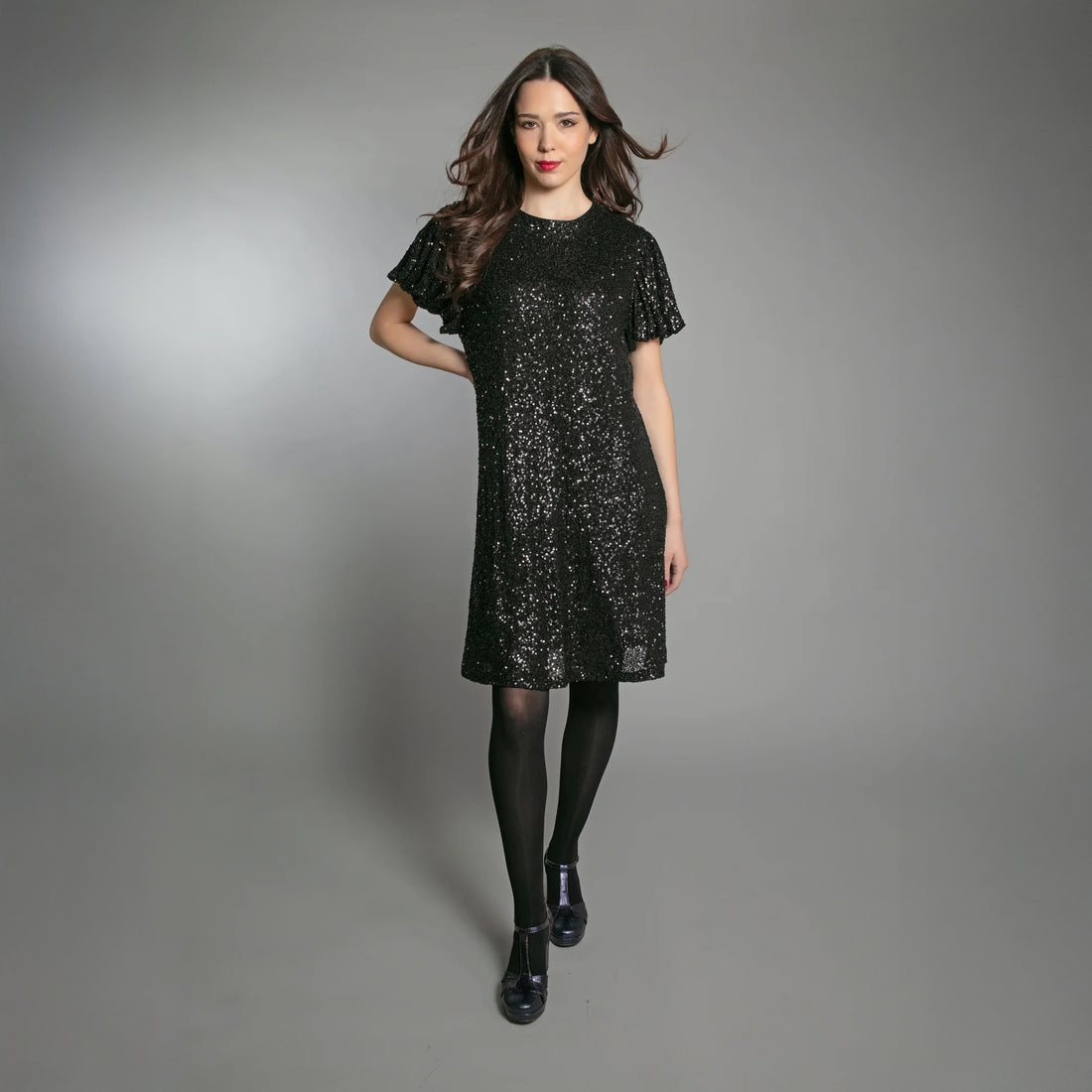 Dusty Sequin T Shirt Dress - Black