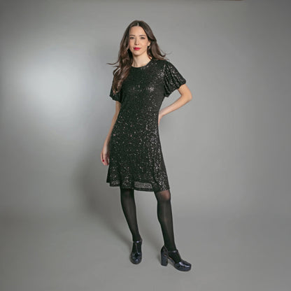 Dusty Sequin T Shirt Dress - Black