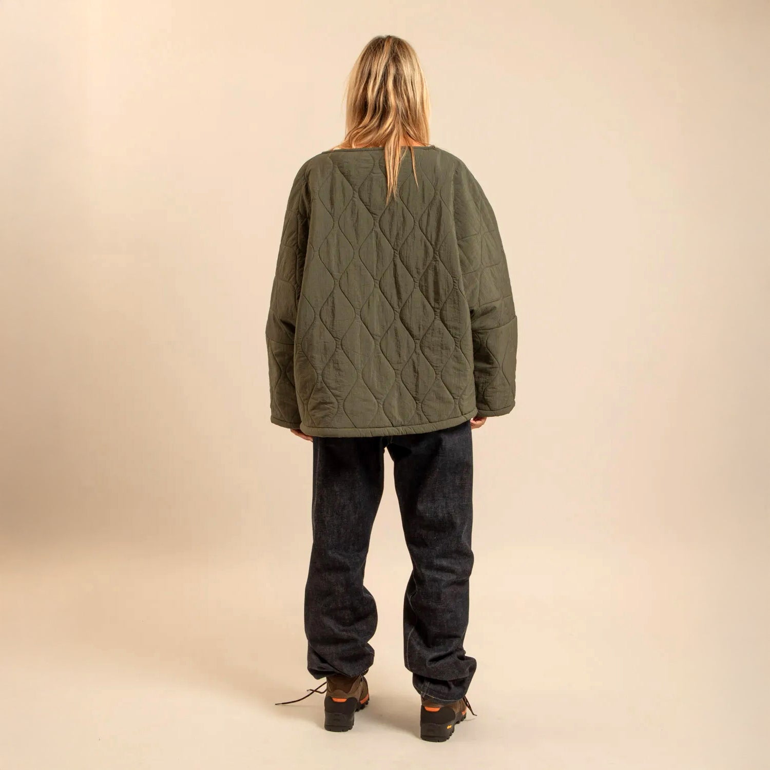 Indianapolis Fleece Lined Collarless Quilt Jacket - Khaki