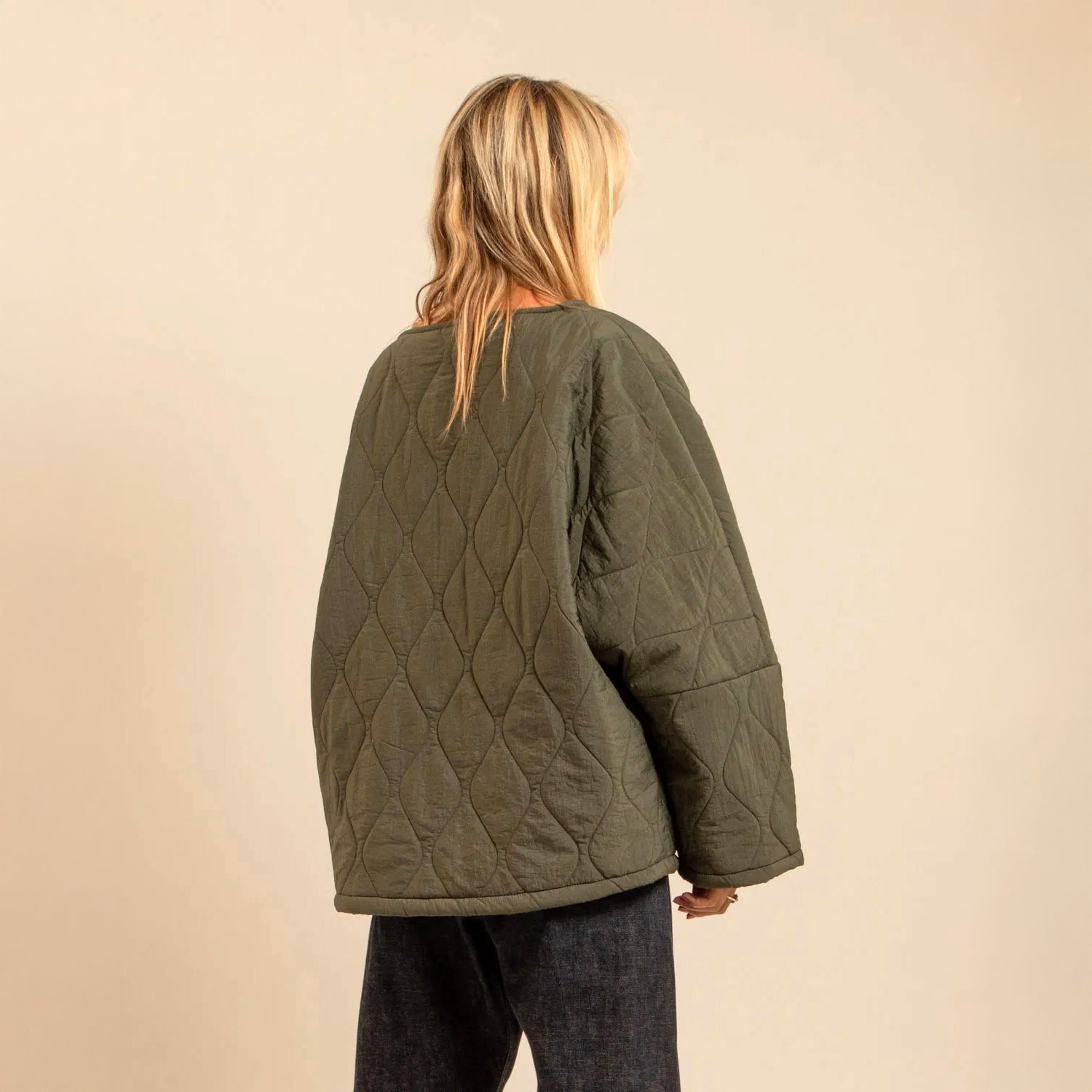 Indianapolis Fleece Lined Collarless Quilt Jacket - Khaki