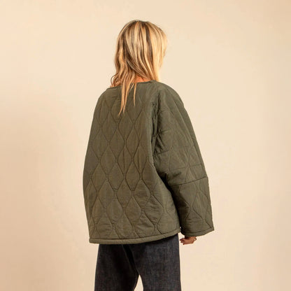 Indianapolis Fleece Lined Collarless Quilt Jacket - Khaki