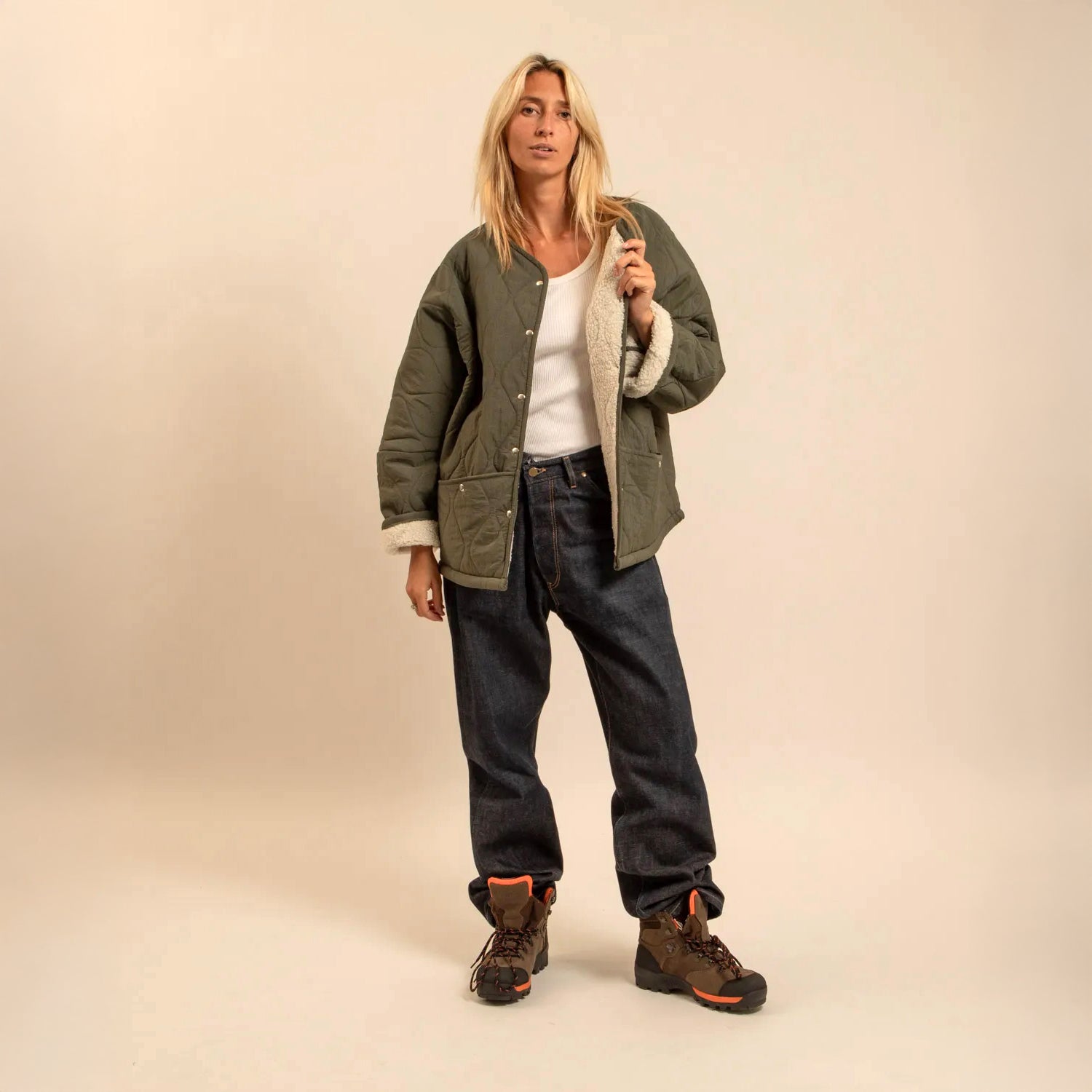 Indianapolis Fleece Lined Collarless Quilt Jacket - Khaki