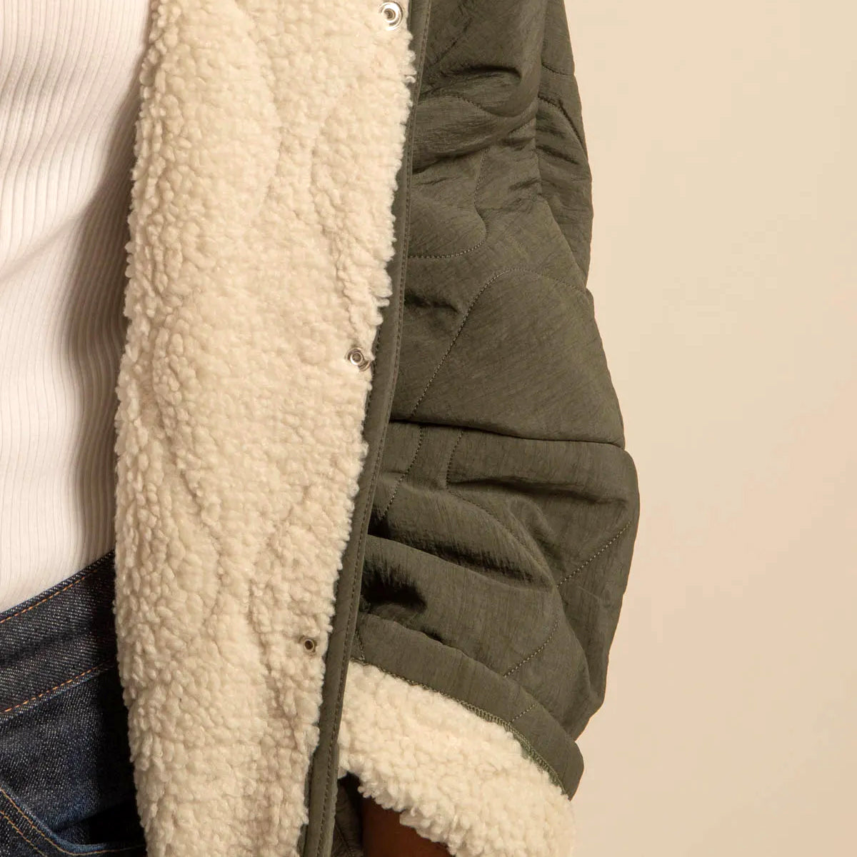 Indianapolis Fleece Lined Collarless Quilt Jacket - Khaki