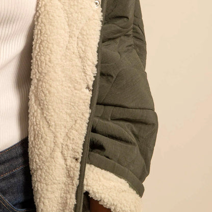 Indianapolis Fleece Lined Collarless Quilt Jacket - Khaki