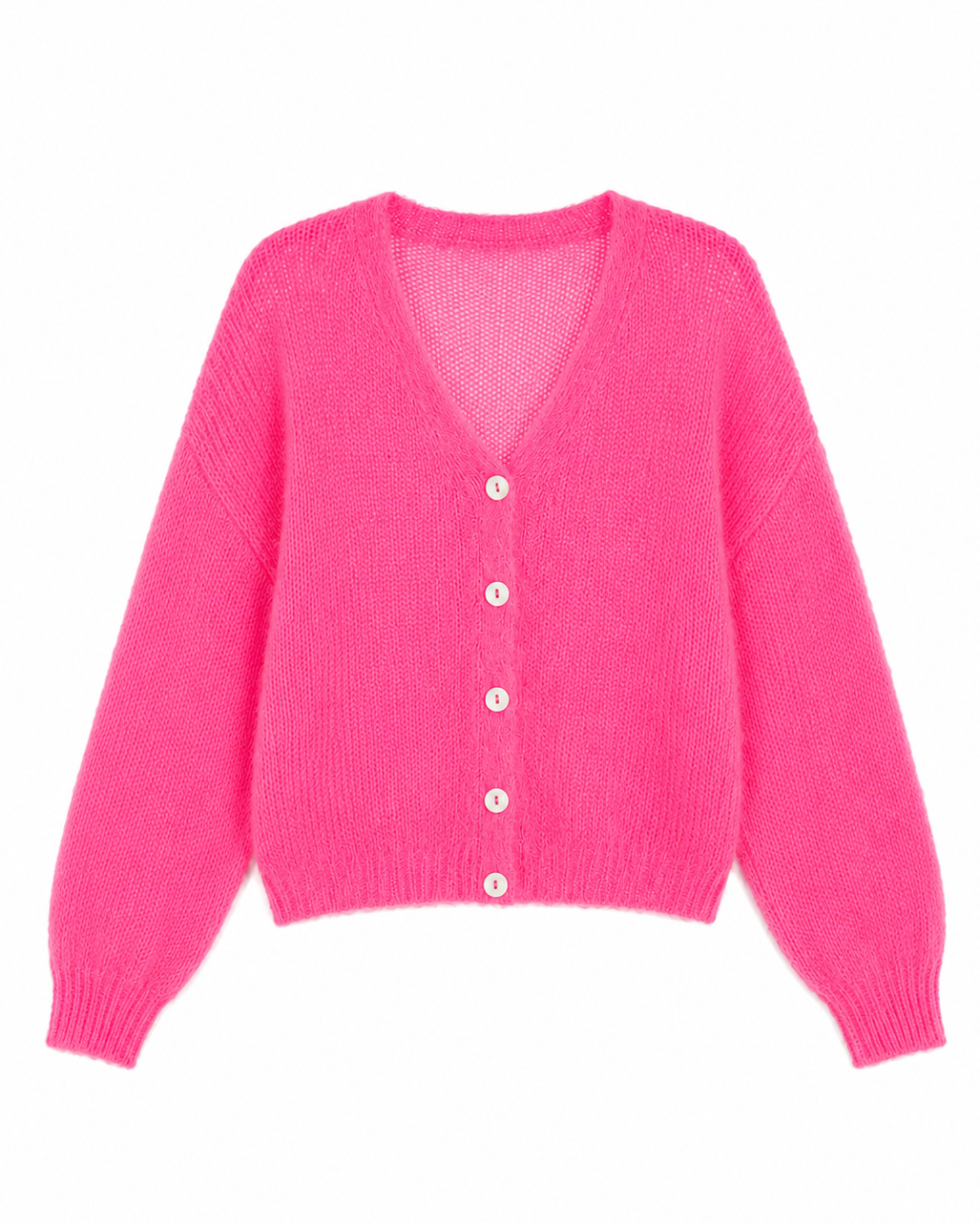 Malia Button V Neck Long Sleeve Cardigan - Neon Pink